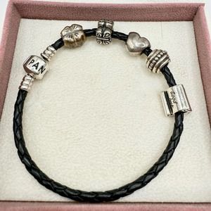Pandora Black Braided Leather Bracelet Six Charms Stamped ALE 925